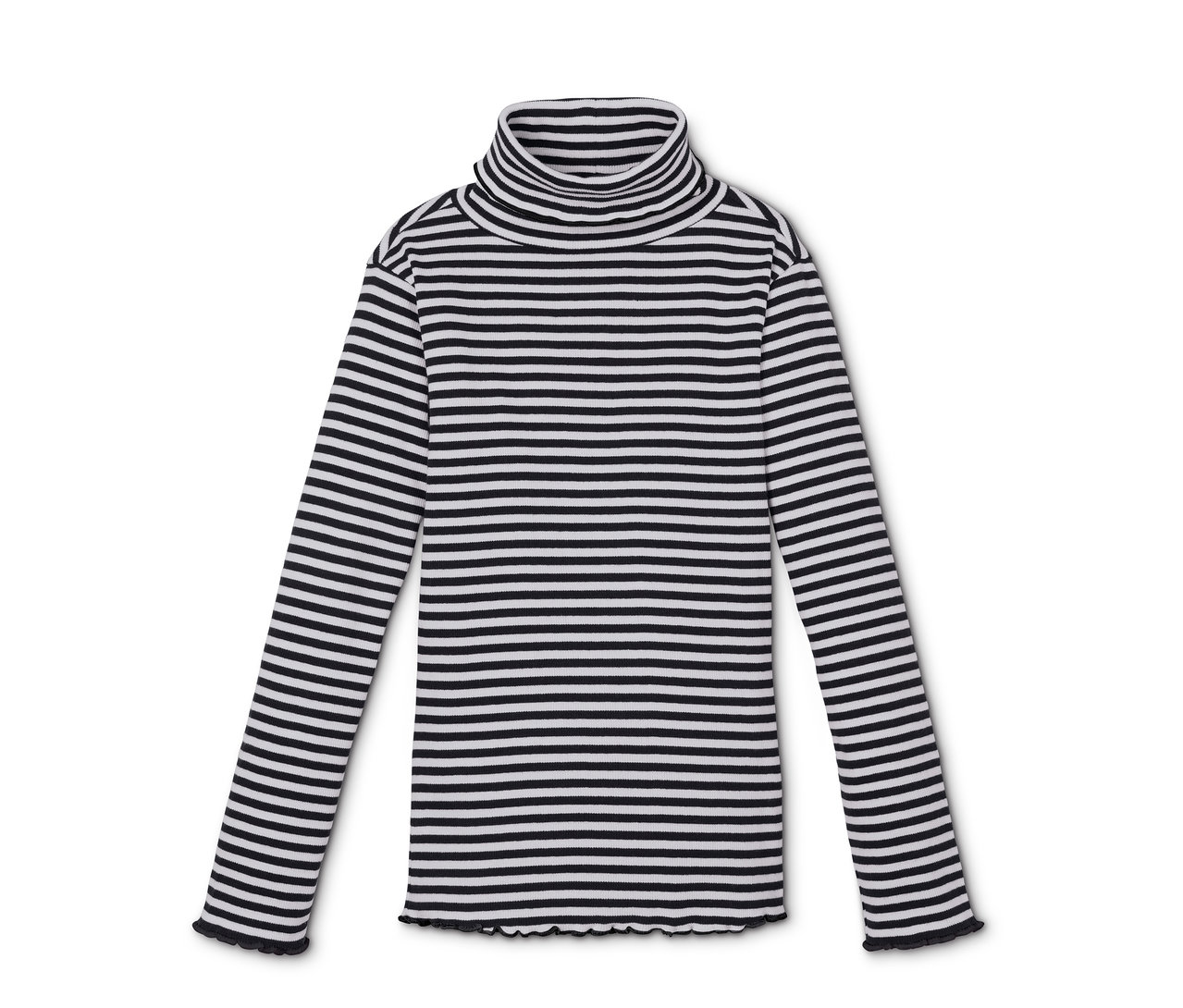 Gestreiftes Rollkragenshirt in Schwarz und Weiss.