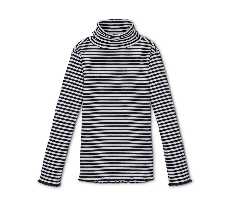 Gestreiftes Rollkragenshirt in Schwarz und Weiss.
