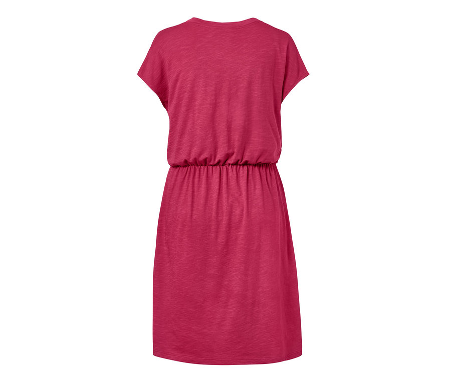 Pinkes Jerseykleid mit kurzen Ärmeln und Gummizug in der Taille.