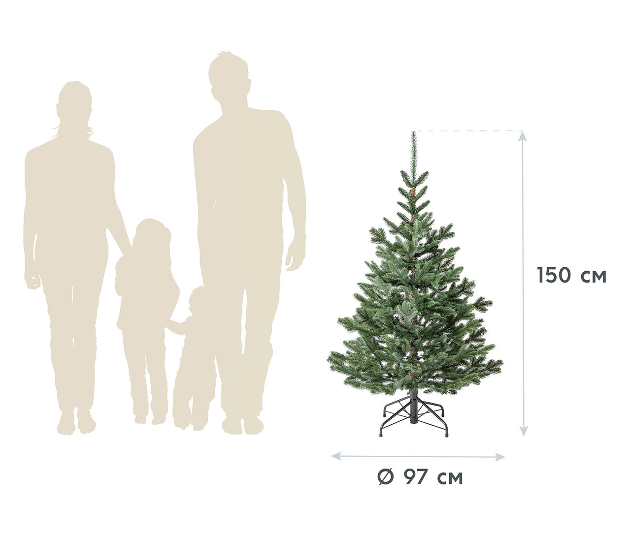 Schattenrisse einer Familie neben einem 150 cm hohen Weihnachtsbaum mit einem Durchmesser von 97 cm.