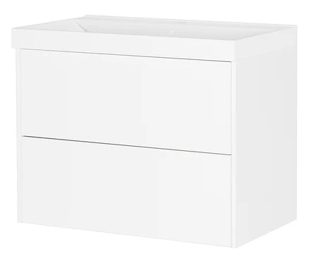 Weißer Waschtischunterschrank mit zwei Schubladen.