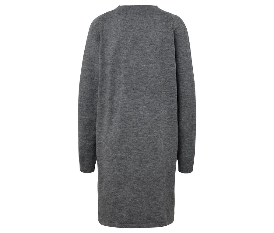 Rückansicht einer langen, grauen Strickjacke mit langen Ärmeln.