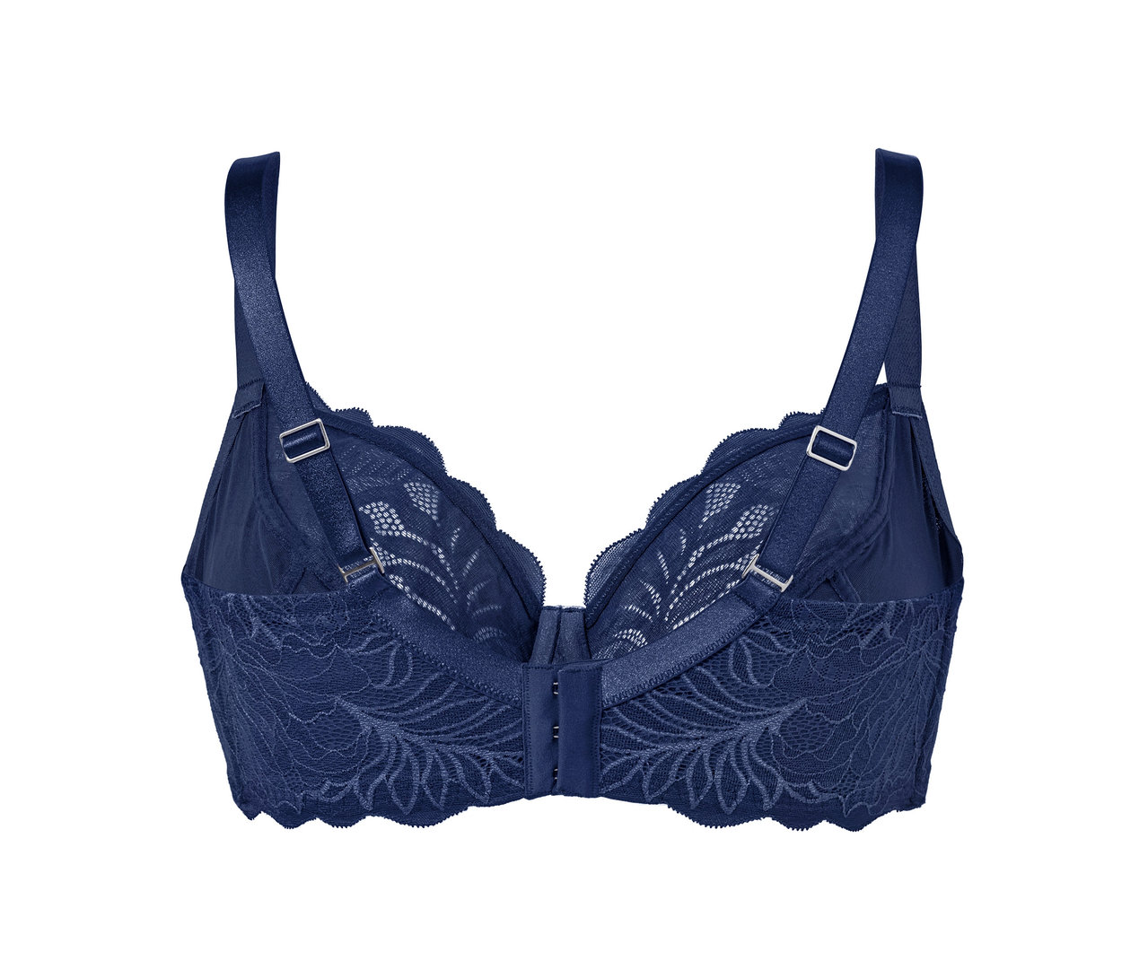 Detailaufnahme eines blauen Bügel-BHs mit Blumenspitze.