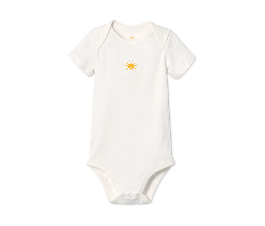 Weißer Kurzarm-Body aus Bio-Baumwolle mit gelbem Sonnenaufdruck, 5er-Pack.