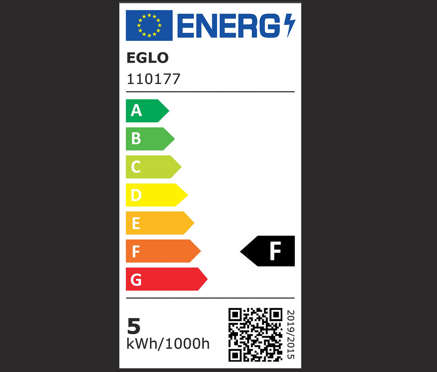 Energielabel mit den Klassen A bis G, Lampe der Klasse F, 5 kWh/1000h.