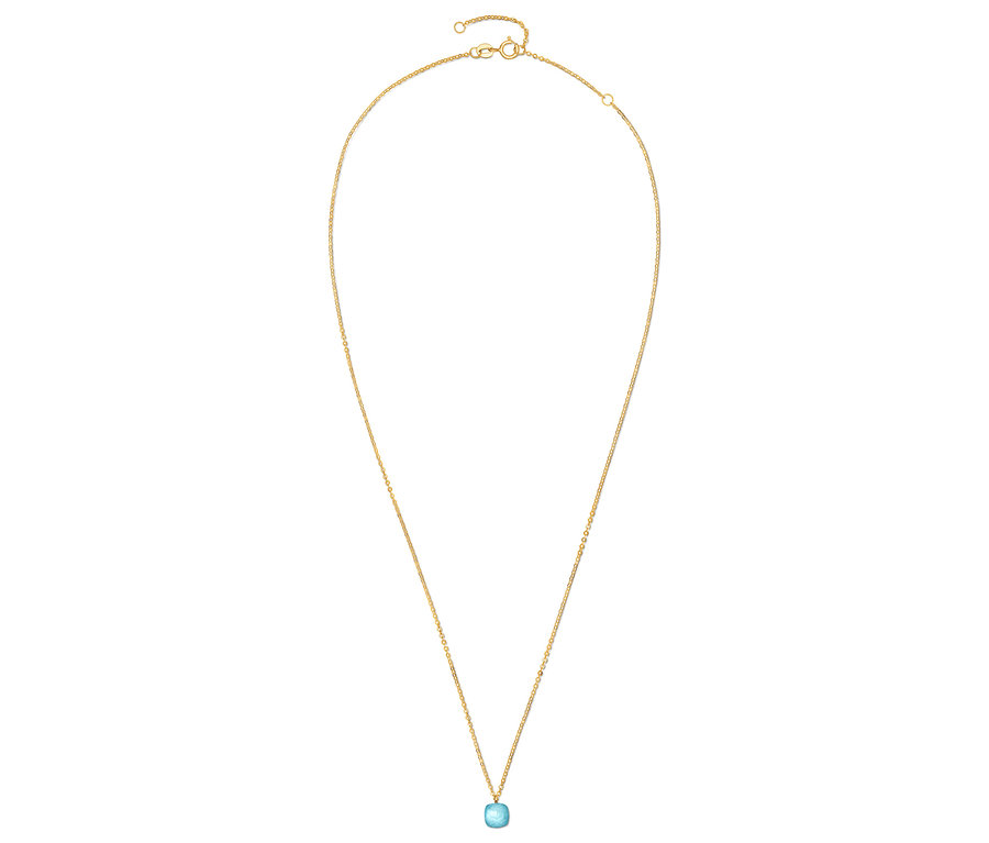 Goldene Halskette mit hellblauem Anhänger.