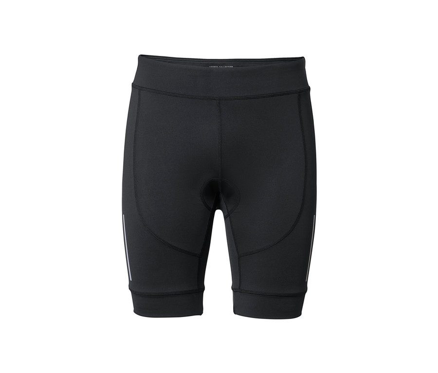 Schwarze Fahrradhose auf weißem Hintergrund.