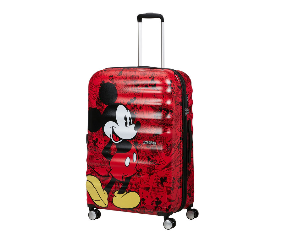 Ein großer, roter American Tourister Wavebreaker Koffer mit Mickey Mouse Motiv.