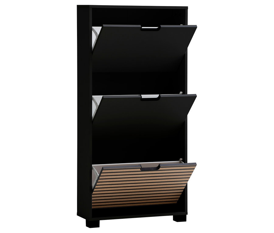 Schwarzer Schuhschrank mit drei Klapptüren, die oberen zwei sind schwarz, die untere hat ein hölzernes Lamellendesign.