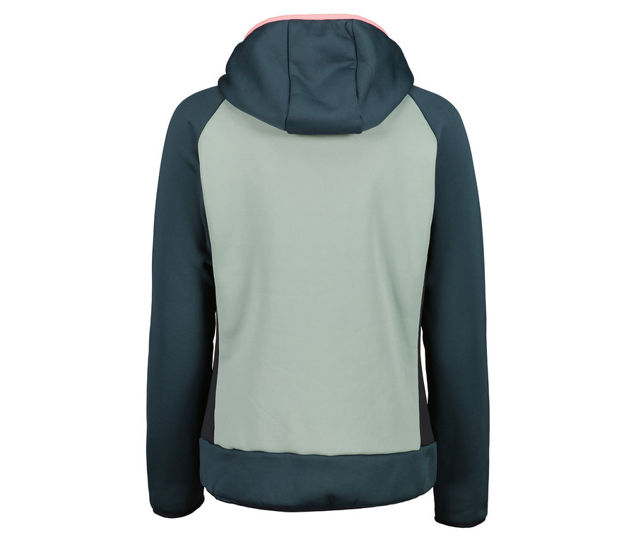 Rückansicht einer grau-dunkelblauen Kapuzenjacke.