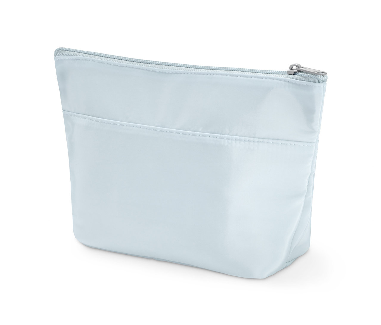 Eine hellblaue Kulturtasche mit Reißverschluss und Außentasche.