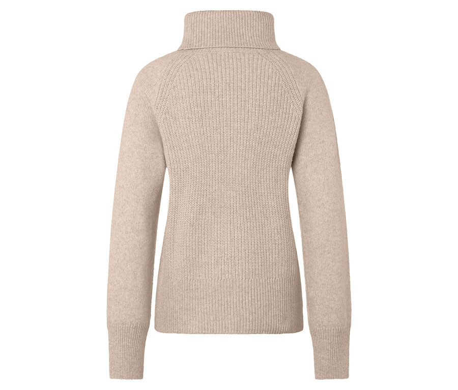 Beiger Rollkragenpullover mit langen Ärmeln, Rückansicht.