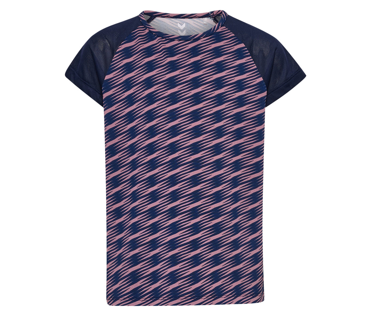 Blaues HUMMEL HMLJR Mix Kurzarm-T-Shirt mit rosafarbenem Muster.
