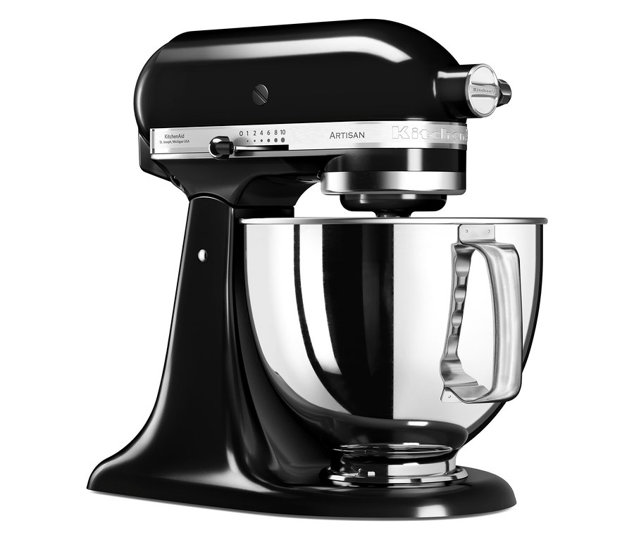 Schwarze Küchenmaschine mit Edelstahlschüssel.