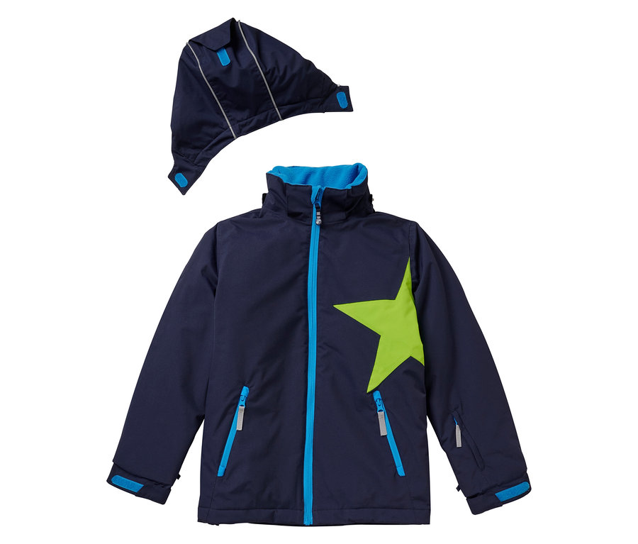 Marinefarbene Jako-O Schneejacke mit Kapuze und grünem Stern.