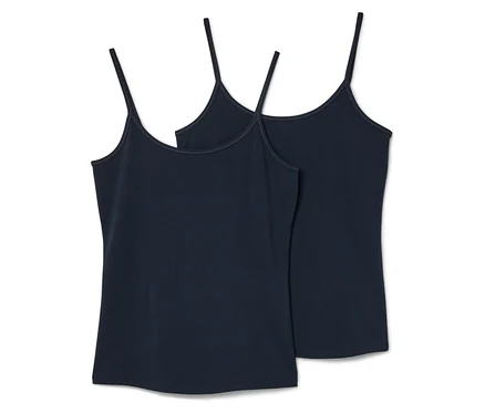 Zwei dunkelblaue Tanktops mit dünnen Trägern liegen nebeneinander.