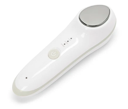 Weißes Kosmetikgerät mit Metallkopf und Tasten zur Einstellung von Temperatur und Schallmodus.
