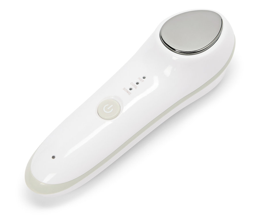 Weißes Kosmetikgerät mit Metallkopf und Tasten zur Einstellung von Temperatur und Schallmodus.