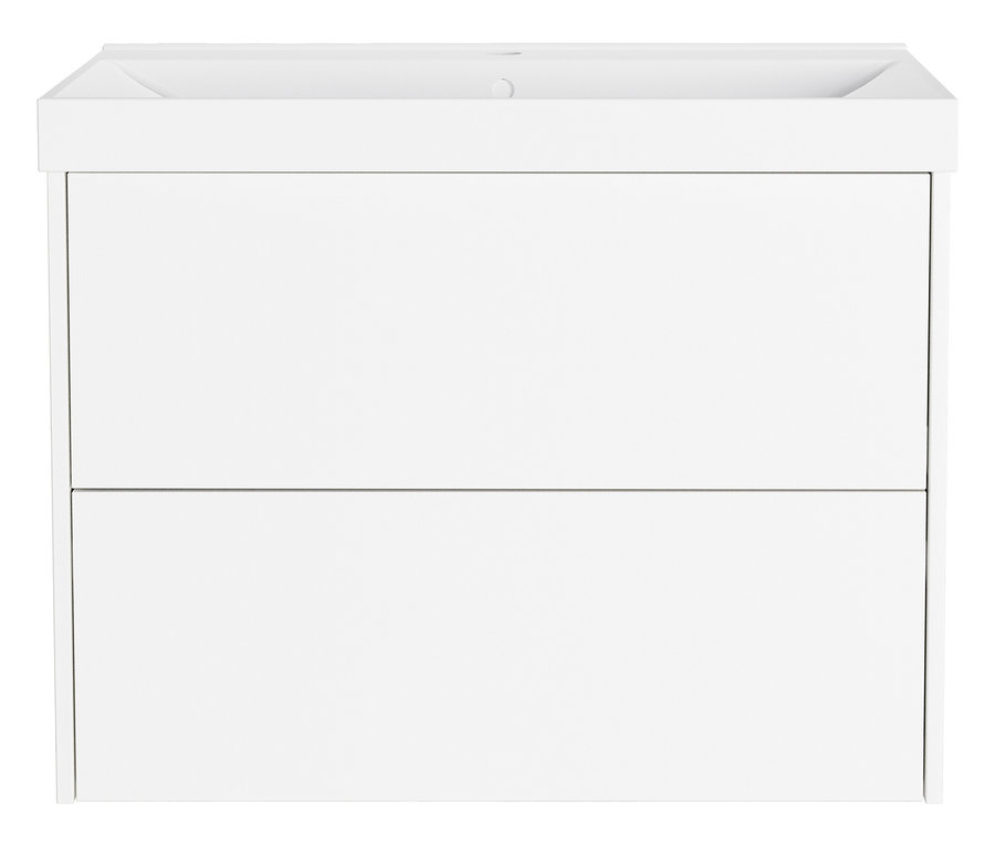 Weißer Badezimmerschrank mit zwei Schubladen.