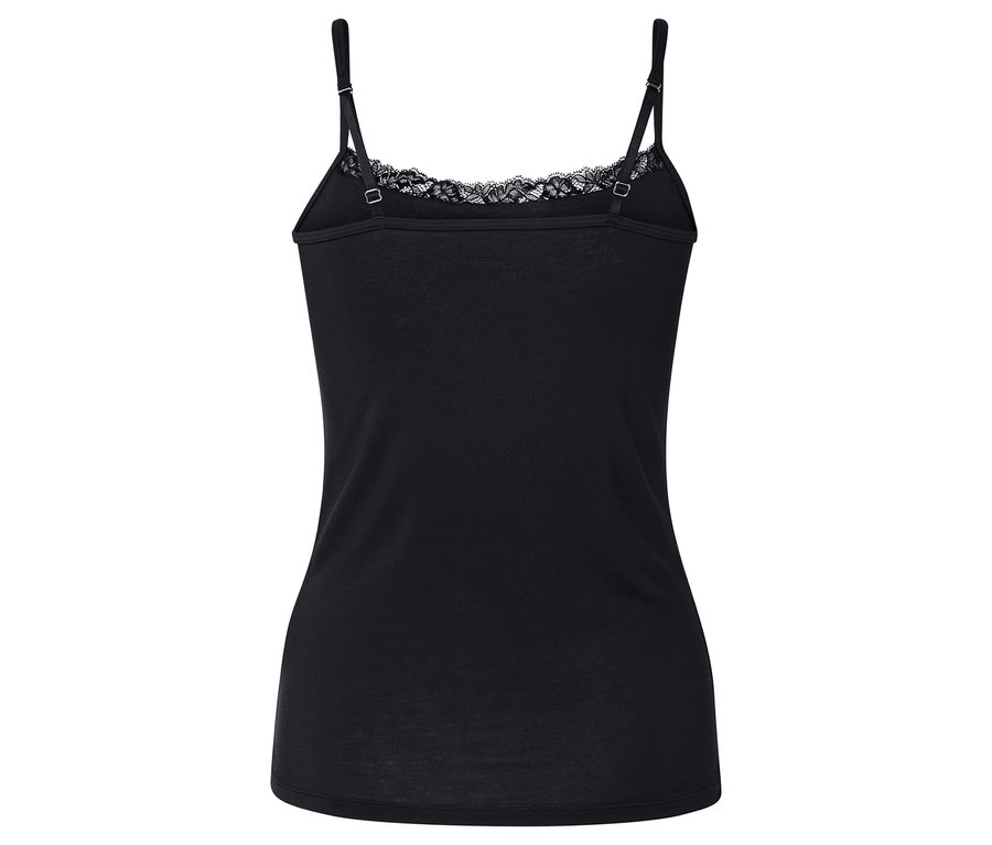 Rückansicht eines schwarzen Tanktops mit Spaghettiträgern und Spitzenbesatz.