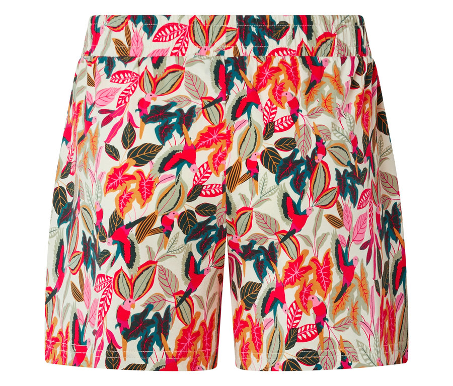 Shorts mit Blätter- und Vogelmuster.