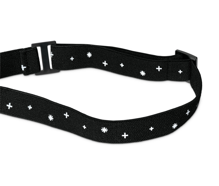 Schwarzes Stirnband für LED-Stirnlampe mit weißen Kreuzen und Sternen.