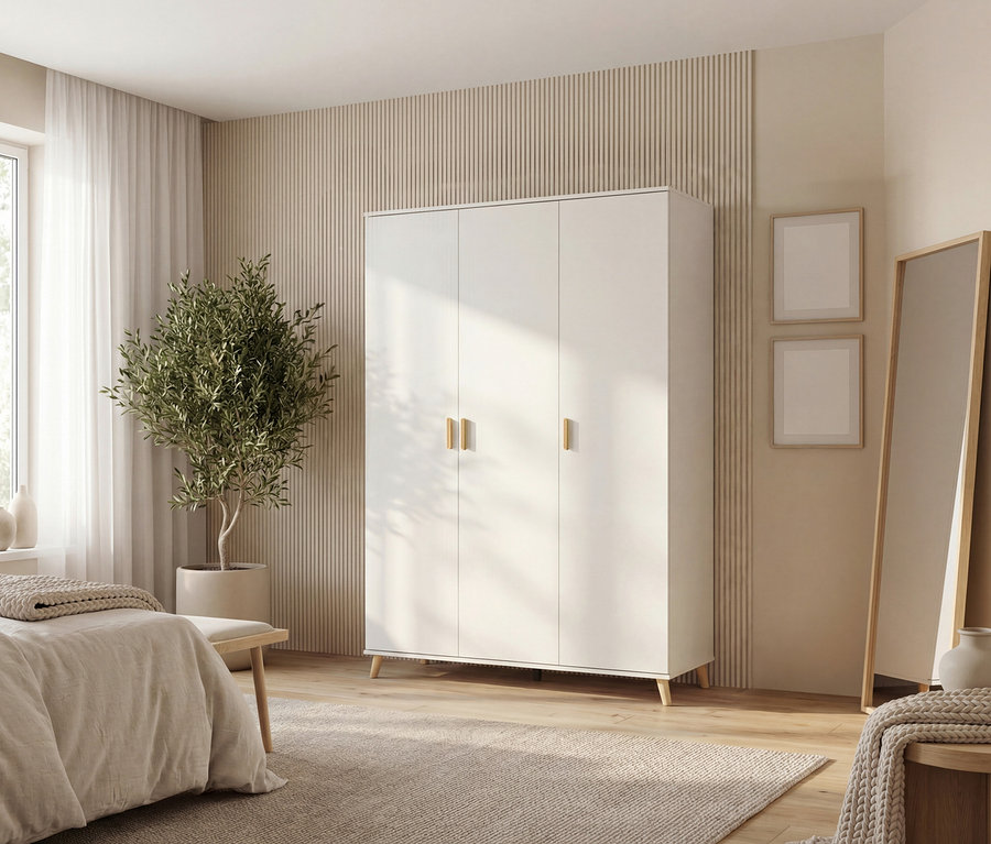Ein weißer Kleiderschrank mit goldenen Griffen steht in einem Schlafzimmer mit einem Baum, einem Spiegel und zwei gerahmten Bildern.