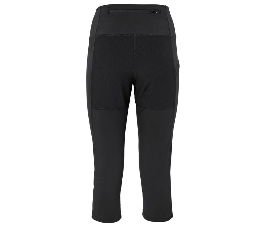 Schwarze, dreiviertellange Leggings mit hohem Bund, Taschen und Reißverschluss hinten.