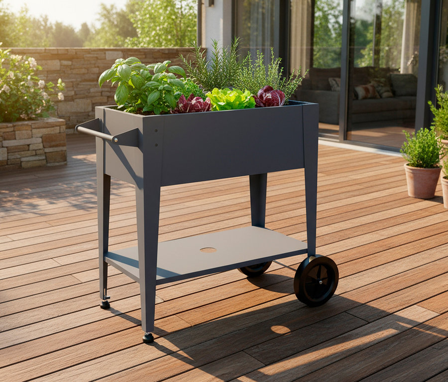 Hochbeet mit Kräutern und Gemüse auf einer Terrasse.