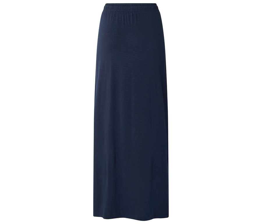 Ein marineblauer, knöchellanger Rock mit elastischem Bund ist vor einem weißen Hintergrund zu sehen.