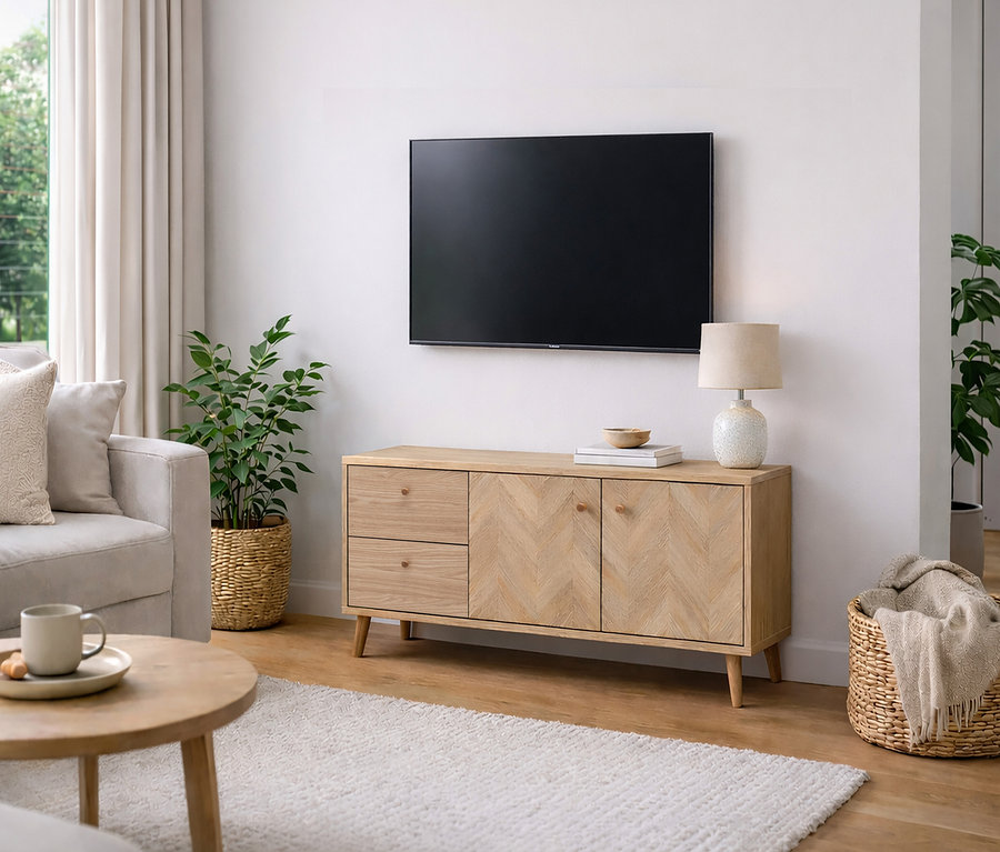 Wohnzimmer mit Sofa, Couchtisch mit Tasse, TV und Kommode mit Lampe.