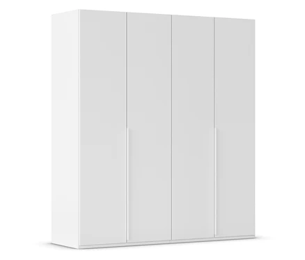 Weißer Kleiderschrank mit vier Türen und langen, schmalen Griffen.