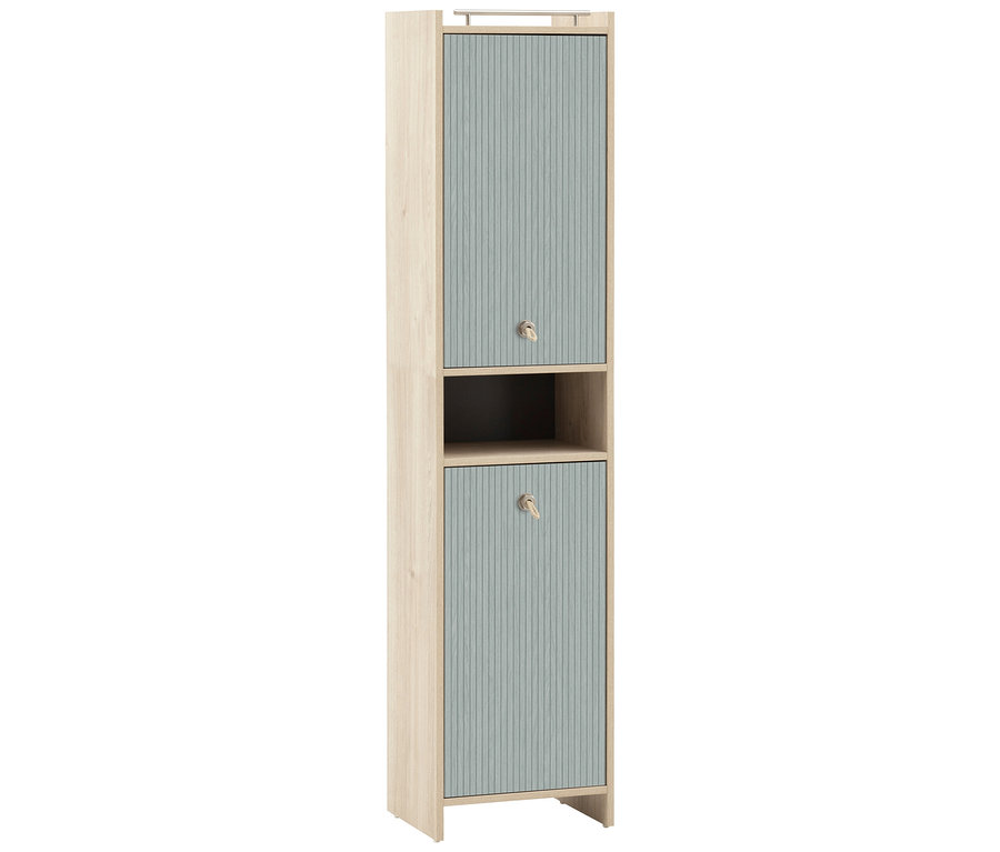 Schmaler Hochschrank »Sonderby« in Nordic Blue Oak mit zwei Türen und einem offenen Fach in der Mitte.