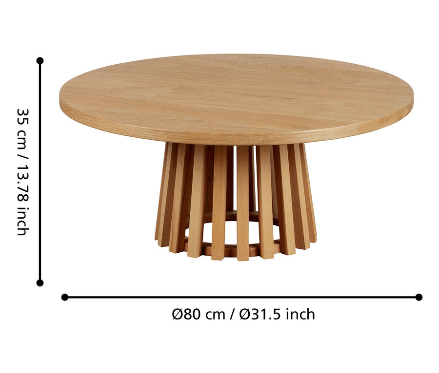 Runder Holztisch mit einem Durchmesser von 80 cm und einer Höhe von 35 cm.