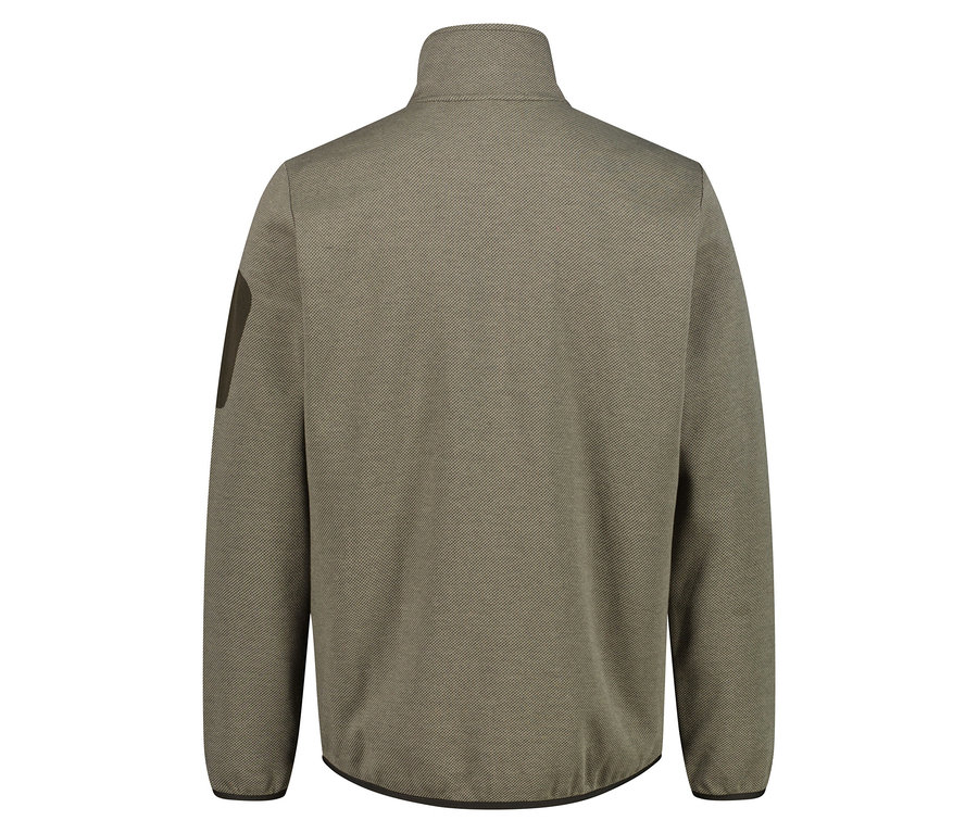 Rückansicht einer olivgrünen Fleecejacke mit Reißverschluss und dunklem Aufnäher am Ärmel.