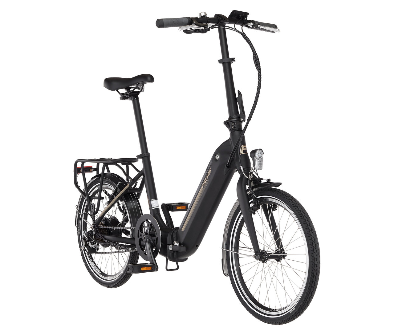 Schwarzes FISCHER City E-Faltrad CITA Agilo 2.0 vor weißem Hintergrund.
