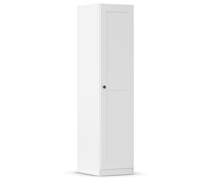 Ein einzelner, schmaler, weißer Schrank mit einer Tür steht auf einem weißen Hintergrund.
