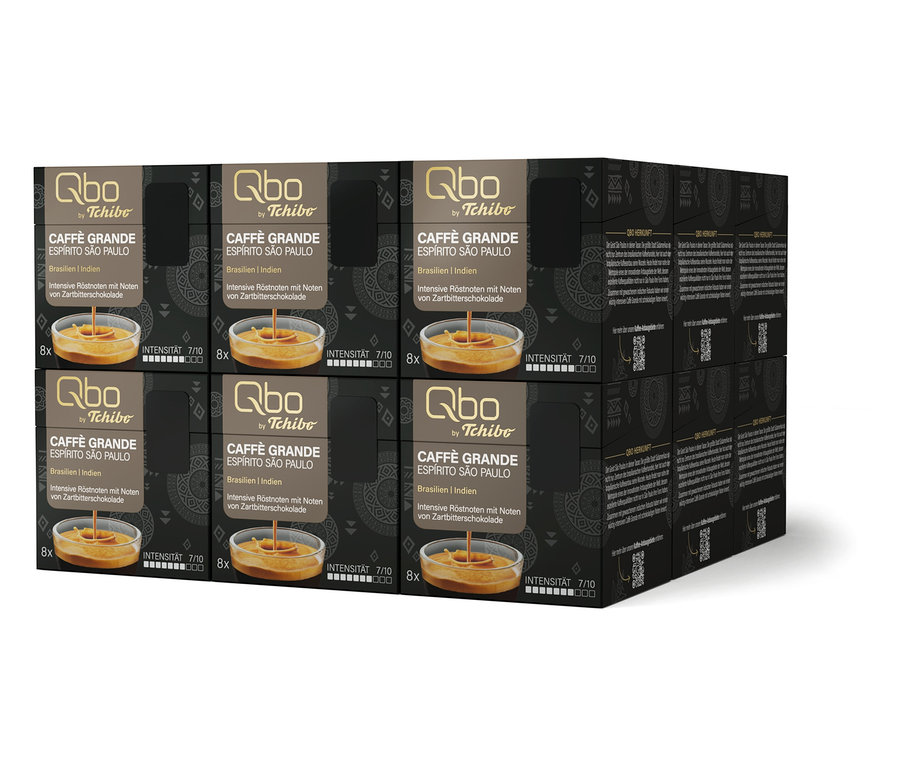Stapel Qbo Caffè Grande Espírito São Paulo Kapseln mit Noten von Zartbitterschokolade, Intensität 7/10.