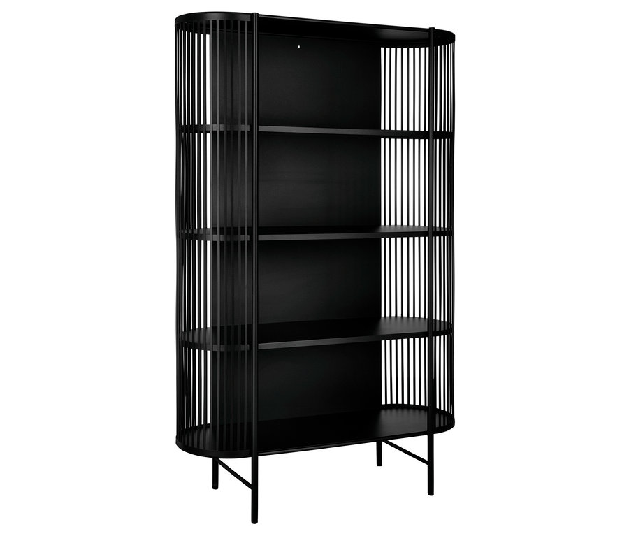 Schwarzes Bücherregal mit vier Regalböden und vertikalen Streben an den Seiten.