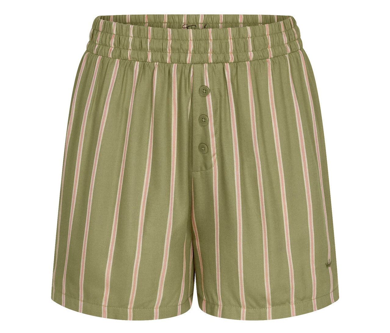 Triumph Mix & Match Shorts Viscose in Olivgrün mit rosa Streifen, elastischem Bund und Knopfleiste.