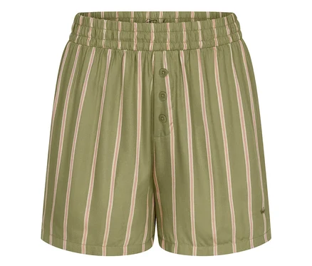 Triumph Mix & Match Shorts Viscose in Olivgrün mit rosa Streifen, elastischem Bund und Knopfleiste.
