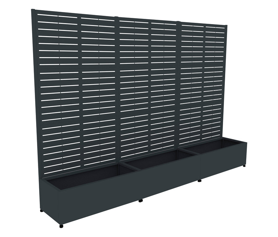 Ein 90 x 184 x 42,5 cm großer Sichtschutz mit Pflanzkasten ist abgebildet.
