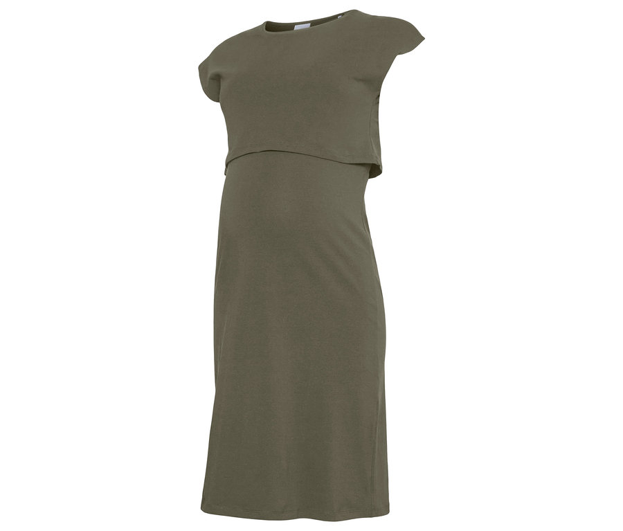 Khakifarbenes Umstandskleid mit kurzem Oberteil und knielangem Rock.