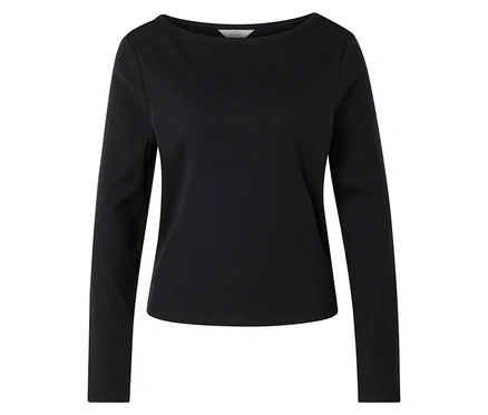 Schwarzes, geripptes Langarmshirt mit Rundhalsausschnitt.