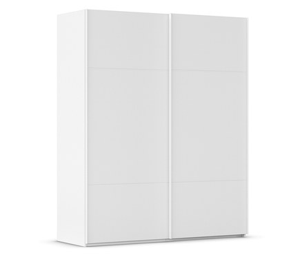 Weißer Schrank mit sechs Paneelen und zwei Schiebetüren.