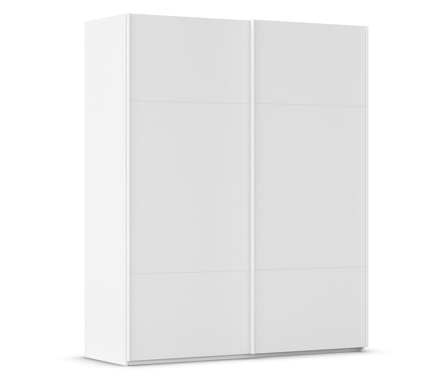 Weißer Schrank mit sechs Paneelen und zwei Schiebetüren.