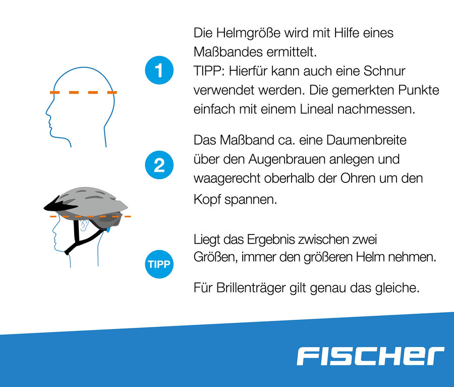 Anleitung zur Helmgrößenbestimmung mit Illustrationen, die zeigen, wie man den Kopfumfang misst, um die richtige Größe für FISCHER Fahrradhelme zu finden.