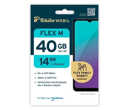 Tchibo Mobil Flex M SIM-Karte mit 40 GB und 5G für 14,99 Euro pro 4 Wochen neben Smartphone-Abbildung.