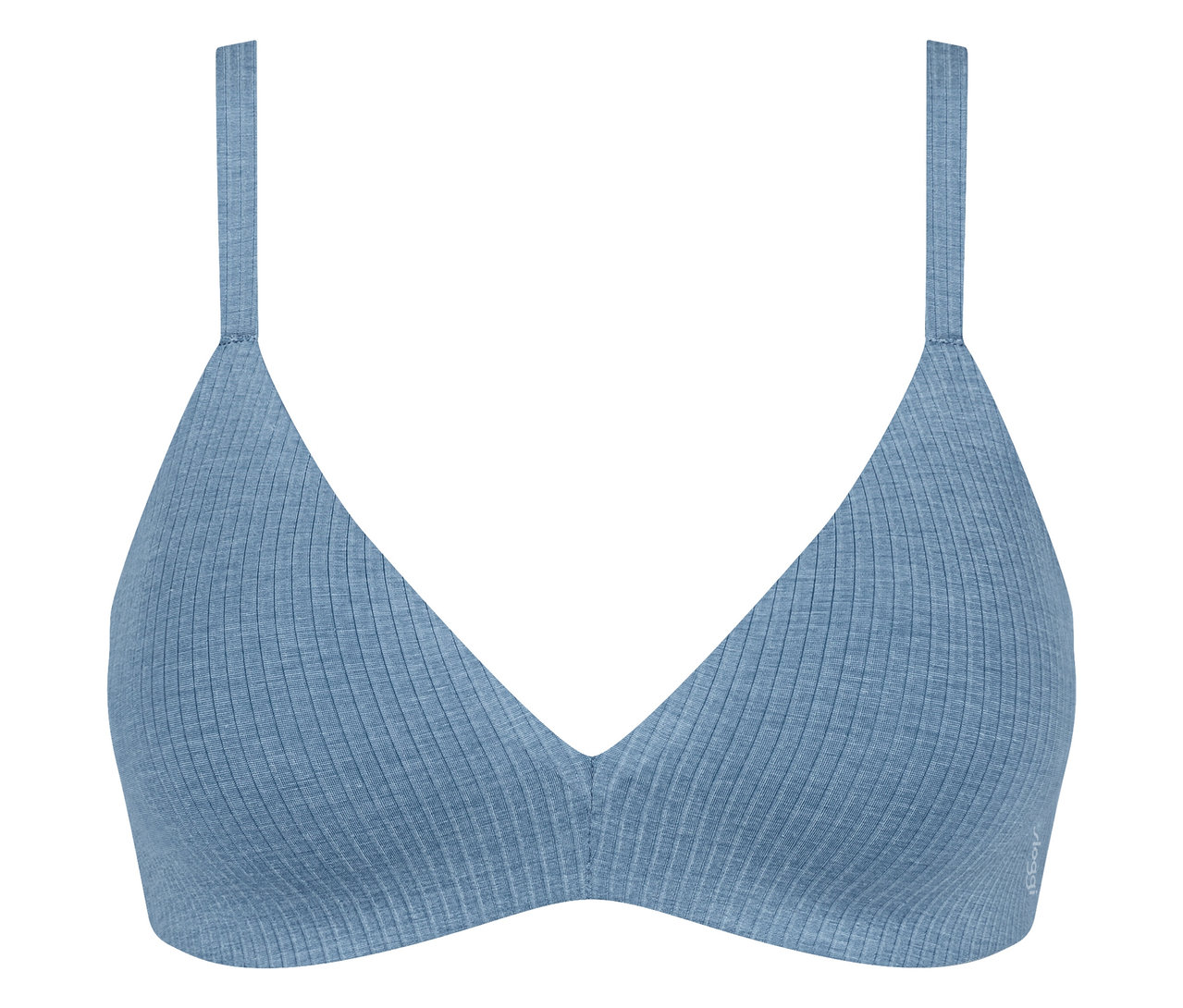 Ein hellblauer gerippter Bralette mit weichen Cups und dünnen Trägern.