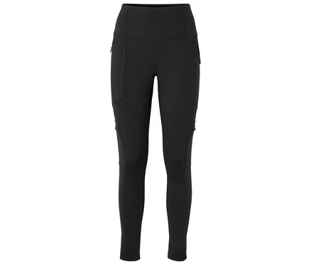 Schwarze High-Waist-Leggings mit mehreren Taschen: Reißverschluss-Taschen oben vorne und an den unteren Außenseiten der Oberschenkel sowie Patten-Taschen an den Außenseiten der Oberschenkel.